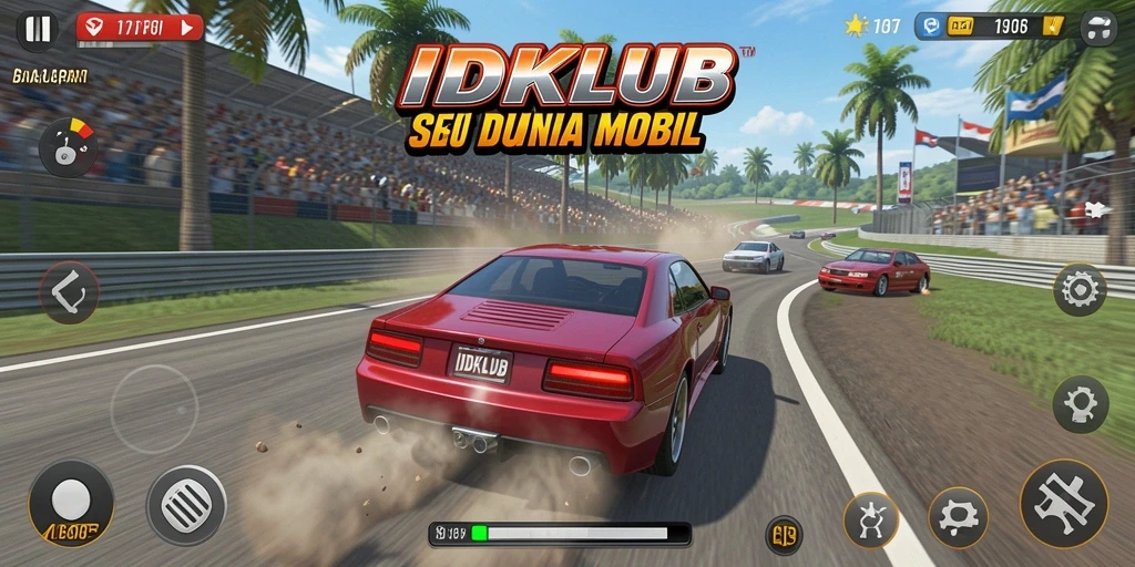 Screenshot IDKLUB menampilkan aksi balap mobil yang mendebarkan.