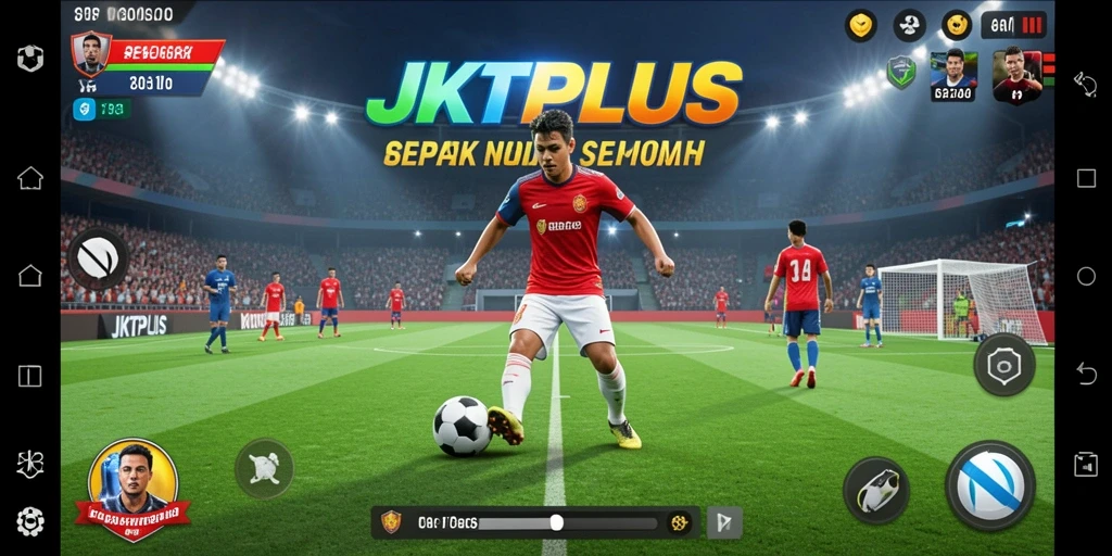 Screenshot gameplay JKTPLUS menampilkan aksi seru di lapangan sepak bola.