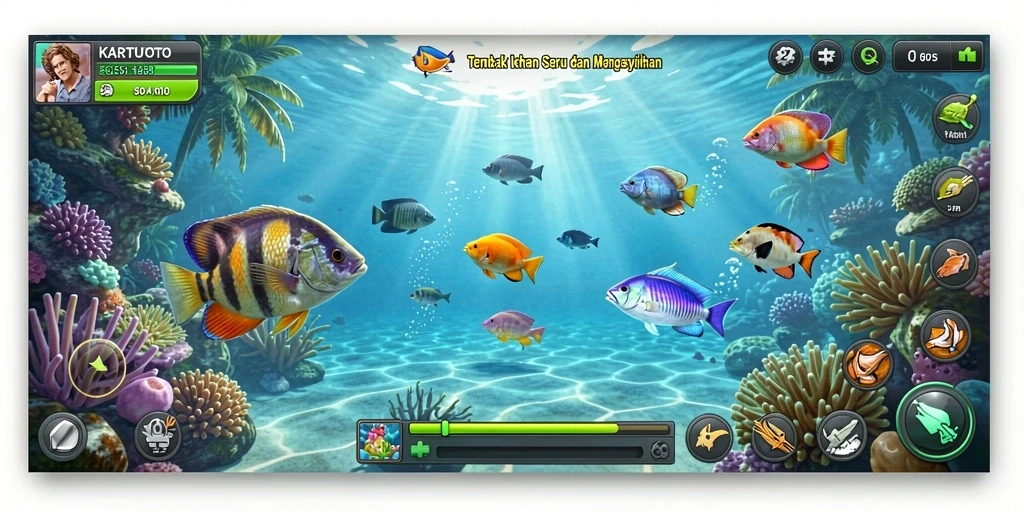 Tampilan screenshot gameplay KARTUTOTO dengan aksi menembak ikan.