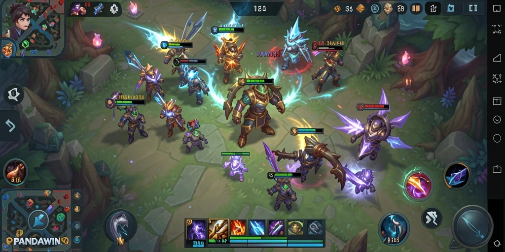 Tangkapan layar gameplay seru PANDAWIN dengan aksi MOBA yang mendebarkan.