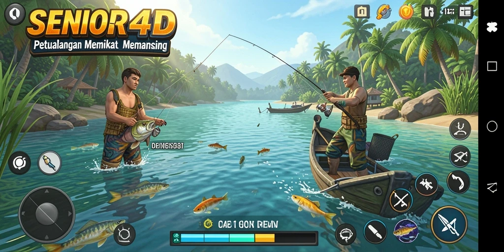 Screenshot gameplay SENIOR4D menampilkan aksi memancing yang seru dan memikat.