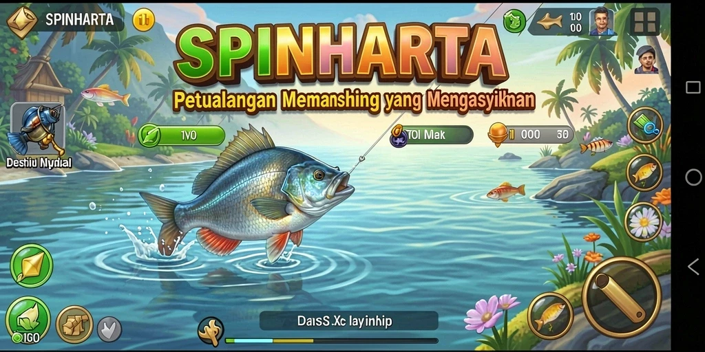 Tampilan gameplay SPINHARTA dengan aksi memancing yang seru.