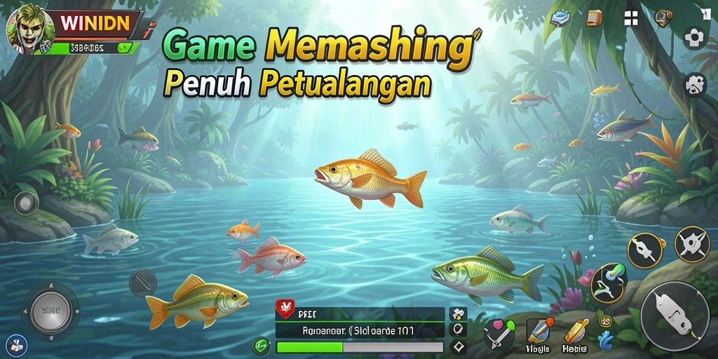 Tampilan gameplay WINIDN dengan aksi memancing yang seru dan realistis.